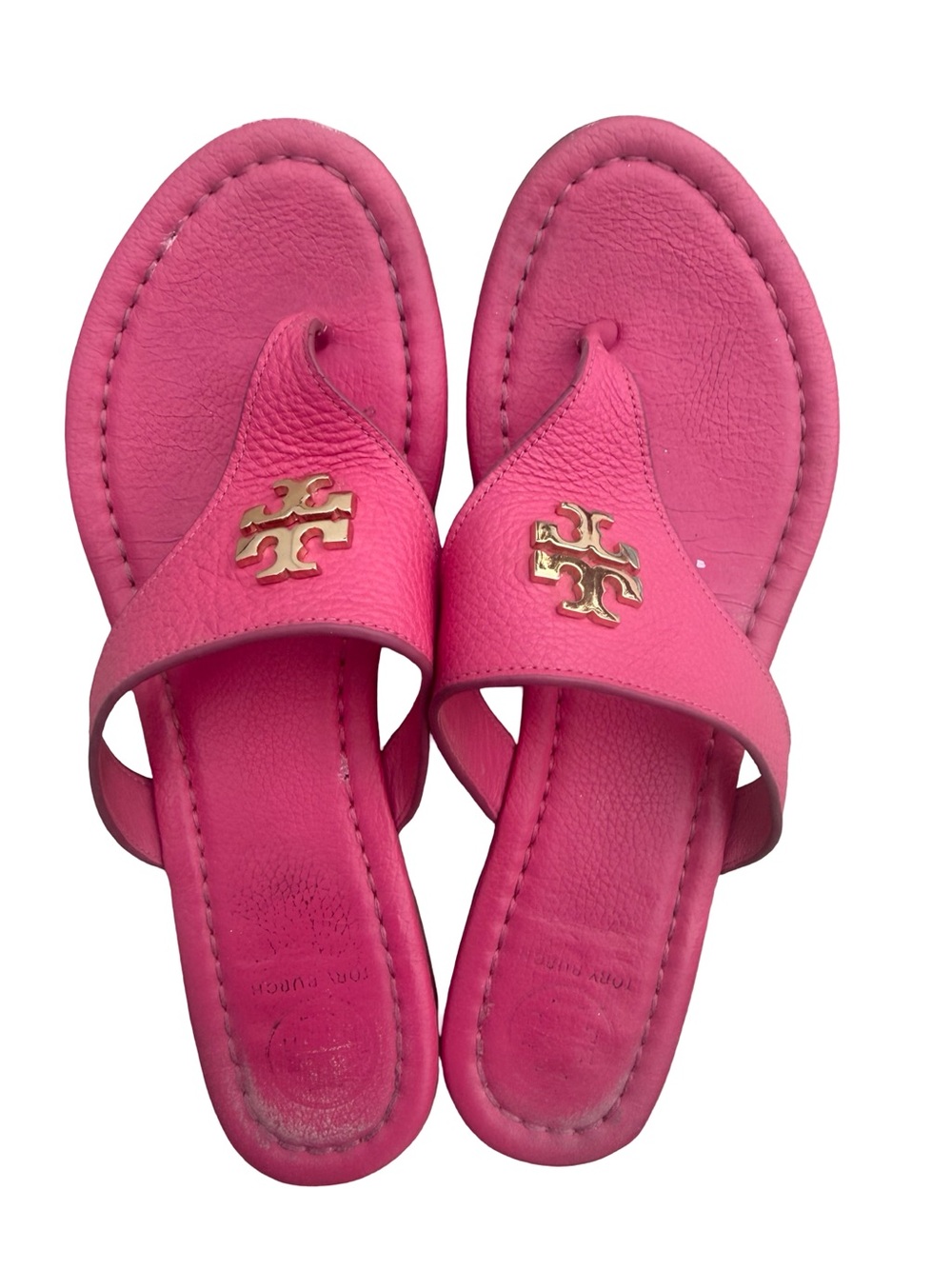 Tory Burch Laura Hot Pink Leather Logo Thong Sandals